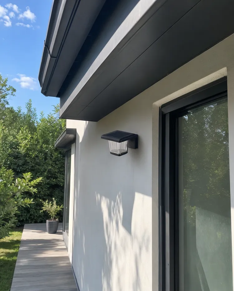 Solar porch light installation showing roof overhang and sunlight exposure angle
