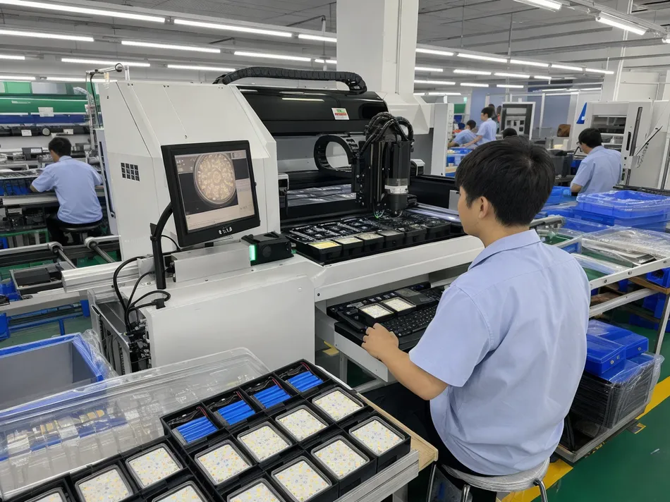 Quality control inspection of solar porch light production line with automated optical inspection equipment