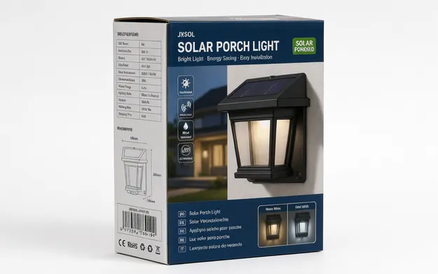 Full-color retail packaging for solar porch lights with product image and spec callouts