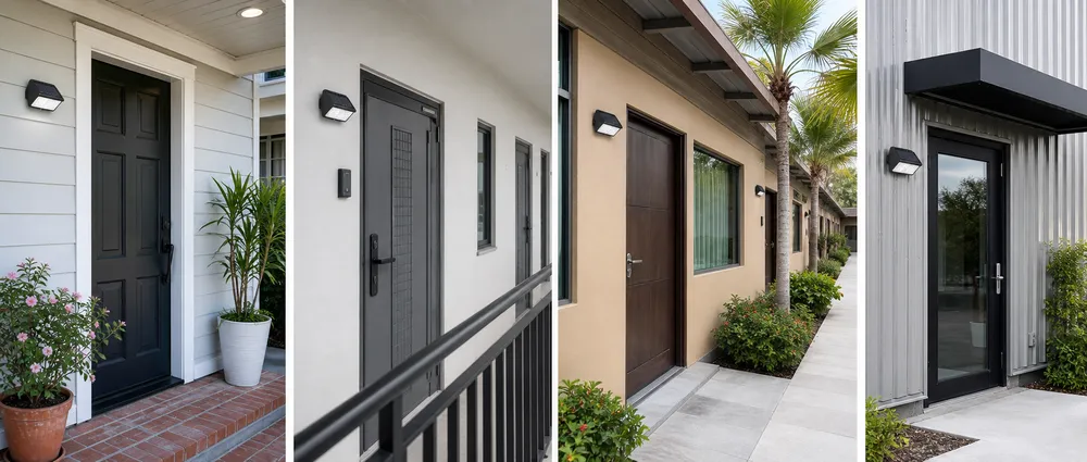 Solar porch lights installed across residential, hospitality, and commercial entrance applications