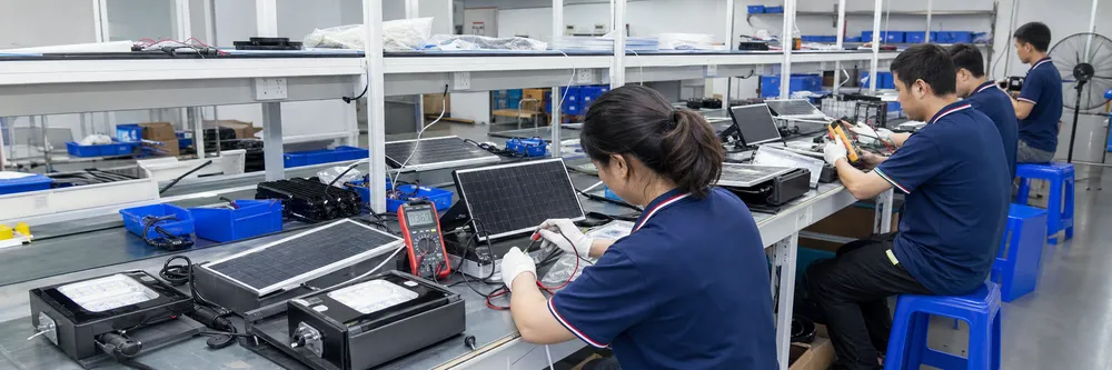 JXSOL factory quality control testing line for separate-panel solar wall lights showing electrical output measurement and connector inspection stations