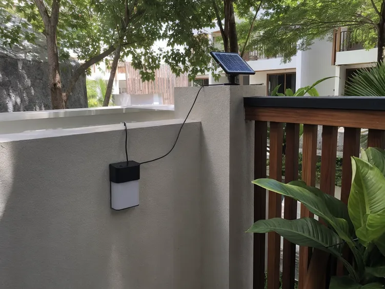 Separate-panel solar wall light on a shaded hotel courtyard wall with the charging panel mounted on a nearby fence top in full sunlight