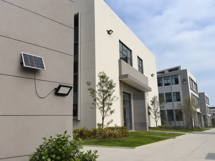Multi-building commercial project site showing separate-panel solar wall lights on shaded walls alongside standard integrated units on sun-facing walls