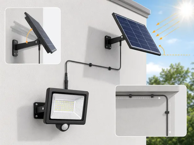 Diagram showing optimal panel placement angle and cable routing path for separate-panel solar wall light installation
