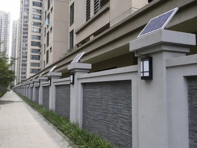 Long perimeter wall of gated community with solar wall lights at regular intervals, panels on wall caps facing south