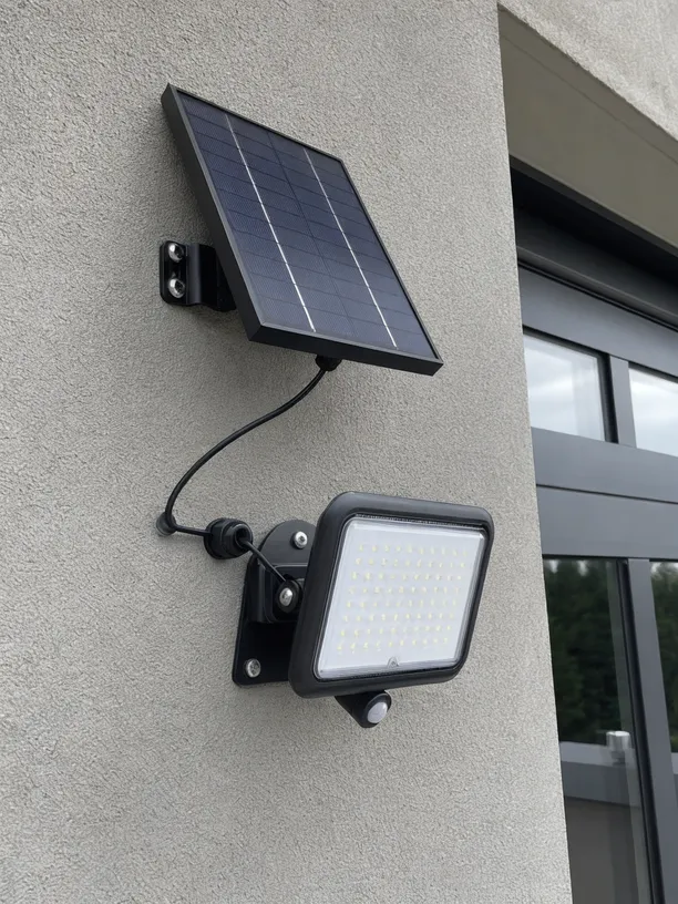 Close-up of weatherproof cable connecting separate solar panel to wall-mounted light fixture