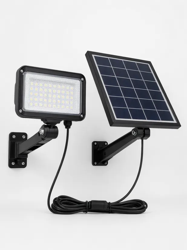 Solar wall light with separate panel showing cable connection and bracket mount detail