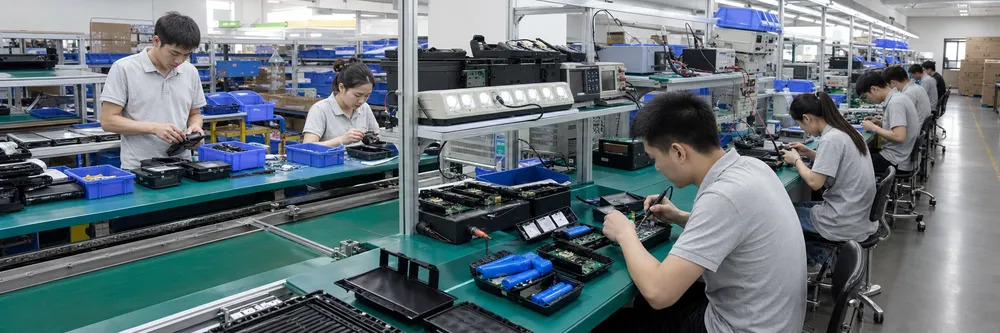 JXSOL factory production line with quality control stations for solar wall light assembly