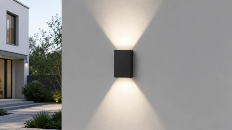 Dual beam up down solar wall light showing symmetrical light pattern on rendered wall surface