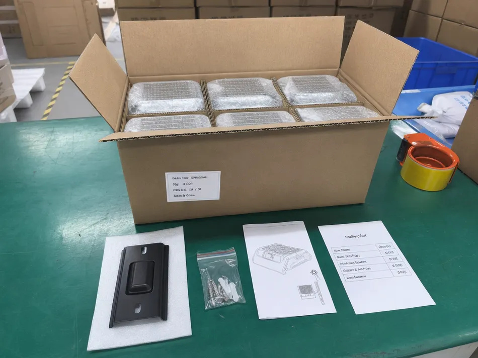 Export carton packing configuration for up down solar wall lights showing accessory pack and batch label