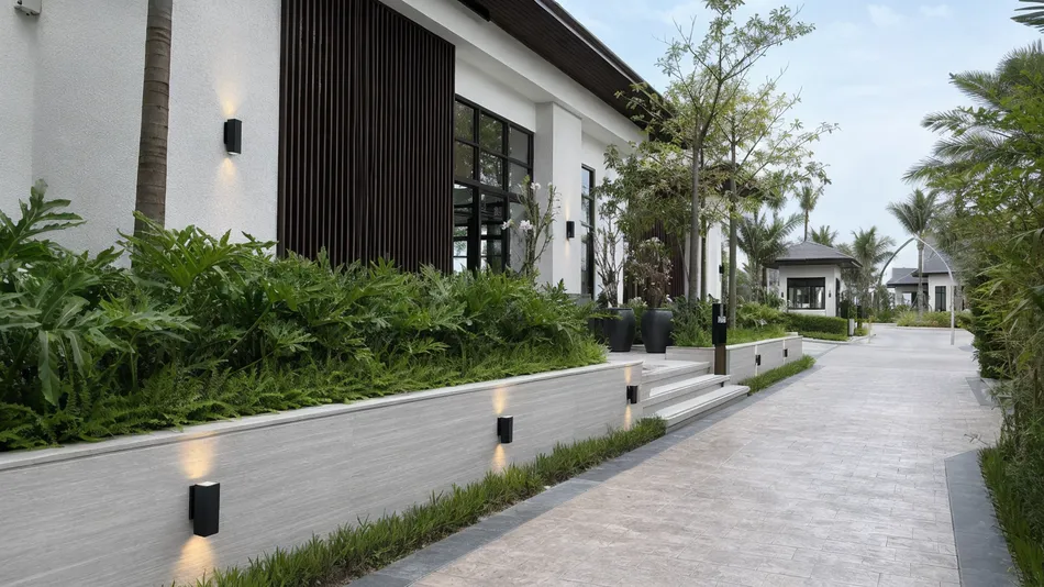 Up down solar wall lights installed on hotel exterior facade and garden perimeter walls