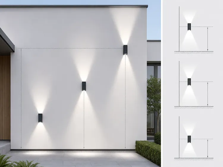 Diagram showing up-down solar wall light beam spread at different mounting heights on a facade wall