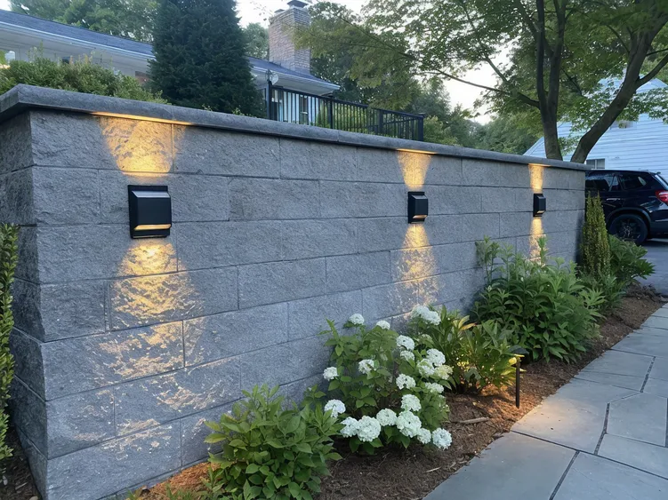 Solar up down wall lights on a garden retaining wall as part of a landscape lighting package
