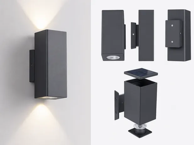 Up down solar wall light specification reference showing dual beam output and die-cast aluminum housing