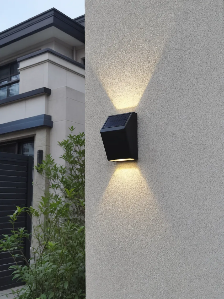 Up down solar wall light mounted on a villa facade showing dual beam wash pattern upward and downward