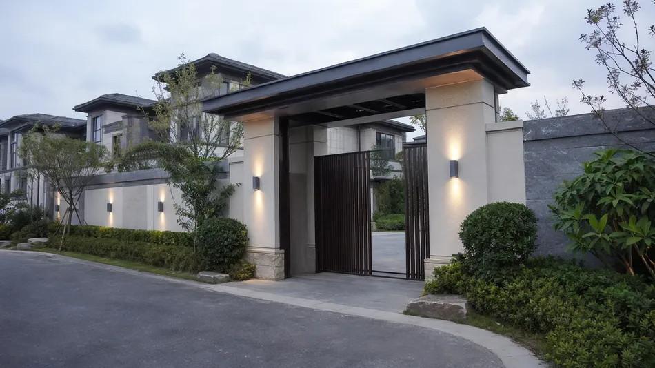 Up down solar wall lights on villa community entrance gates and garden walls