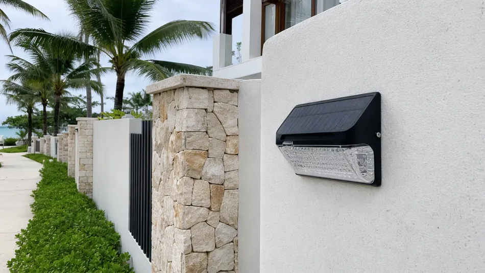 IP67 solar wall light mounted on a coastal resort perimeter wall