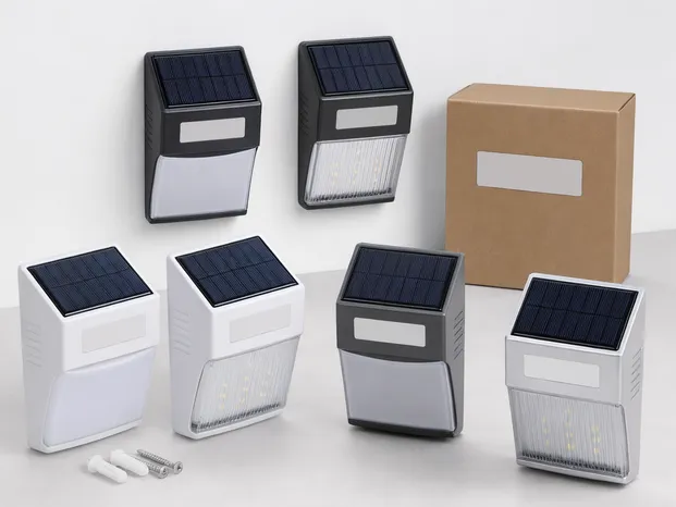 Custom waterproof solar wall light configuration showing private label branding and housing color options