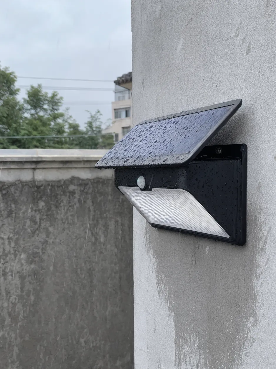 IP67 waterproof solar wall light mounted on exposed outdoor wall in rain
