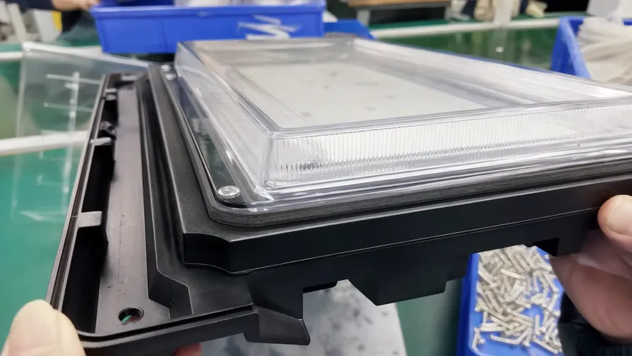 EPDM compression gasket at the lens-to-housing joint of a waterproof solar wall light