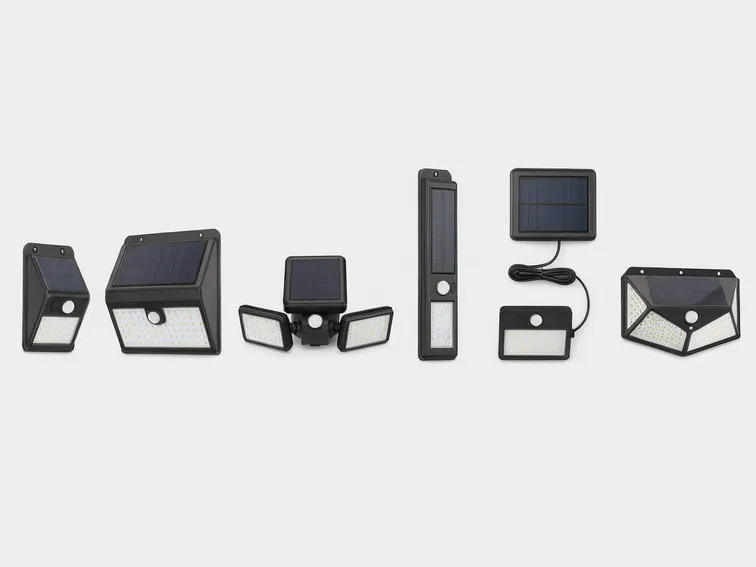 Six solar wall light configurations side by side showing form factor differences for channel matching
